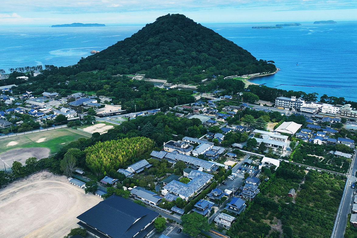 海に囲まれた緑豊かな山とそのふもとに広がる町並みを空撮した風景
