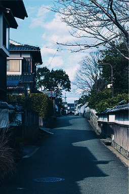瓦屋根の町家が並ぶ、風情ある日本の伝統的な町並みを歩く細い路地