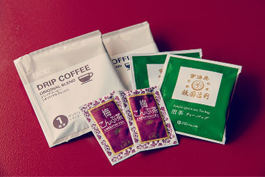 Welcome drink set with drip coffee and tea bags for guests.