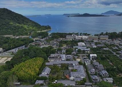 海岸沿いに広がる旅館街の空撮写真。手前には緑豊かなエリアがあり、奥には海と白い建物が見える。